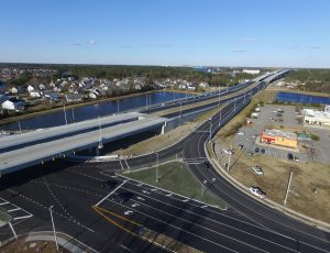 Aerial view of twinspan bridge crossing the Elizabeth River and Atlantic Intracoastal Waterway