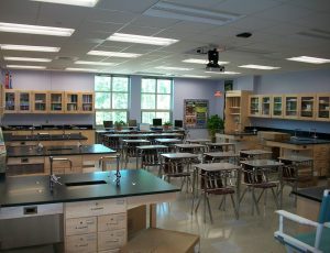 Desks and counters inside classroom
