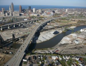 Aerial view of I-90 bridge over Cuyahoga River Valley