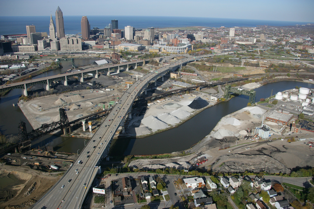 Aerial view of I-90 bridge over Cuyahoga River Valley