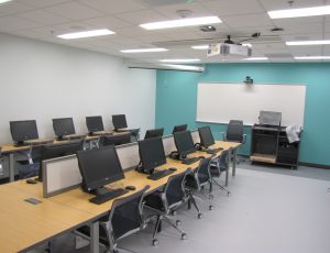 Desks and computers inside Rita Liddy Hollings Science Center