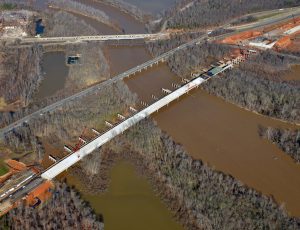 Aerial view of construction of Yadkin River Bridge