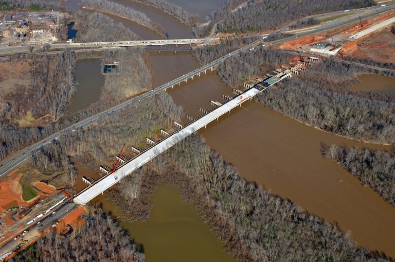 Aerial view of construction of Yadkin River Bridge