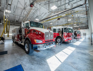 Fire trucks inside Durham Fire Station